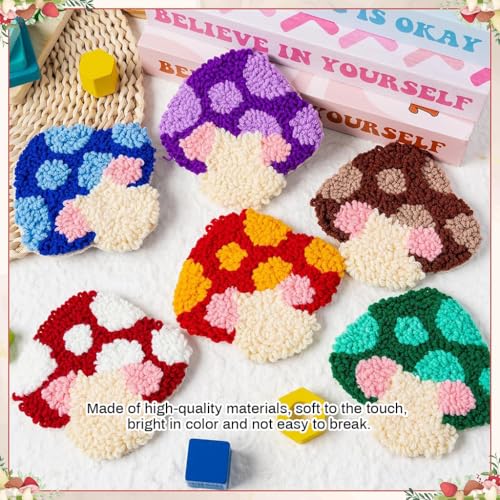 HASTHIP® PATPAT 6PCS Punch Needle Coaster Kit, DIY Embroidery Set for Adults & Kids, Colorful Mushroom Design, Includes Yarn, Needle, Embroidery Hoop & Tools, Handmade Art & Craft Gift
