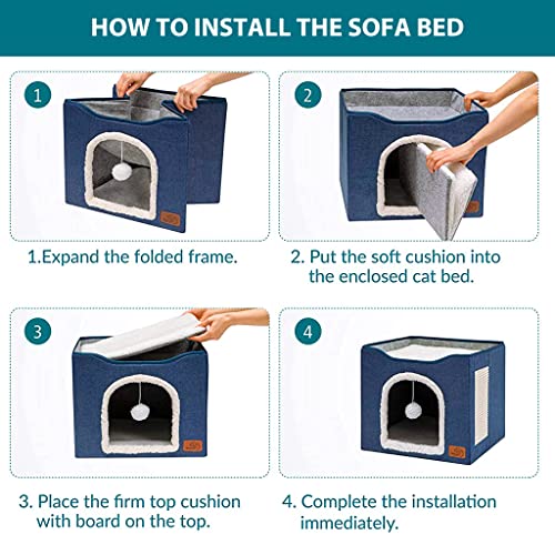 HASTHIP® Cat Beds for Cats, Cat House Cat Cave for Pet, Foldable Cat Hidewawy Cat House with Fluffy Ball Hanging Toy and Scratch Pad - 16.5x16.5x14 inches