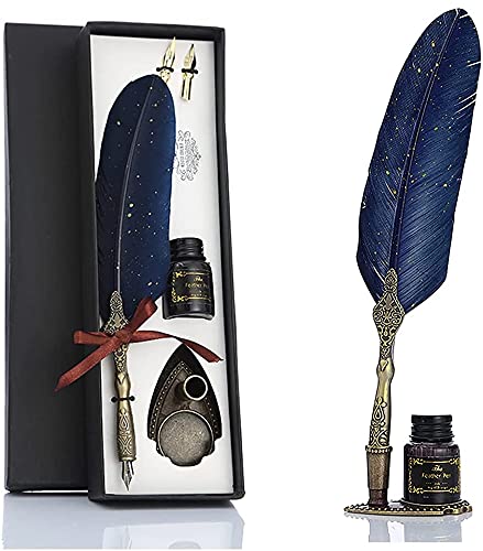 Optifit® Vintage Carving Feather Pen Set, Glittering Quill Pen Set Antique Calligraphy Writing Dip Pen with Black Ink, 2 Replacement Nibs, Pen Stand Base, Luxury Signature Pen