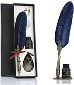 Optifit® Vintage Carving Feather Pen Set, Glittering Quill Pen Set Antique Calligraphy Writing Dip Pen with Black Ink, 2 Replacement Nibs, Pen Stand Base, Luxury Signature Pen