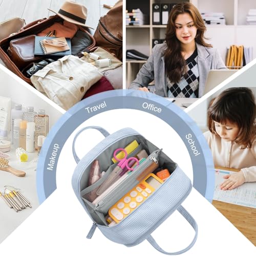 HASTHIP® Large Pencil Pouch for Girls Boys,Extra Big Case with 5 Compartments,Zippered Organizer for Women Cute Blue Aesthetic School Supplies Teens