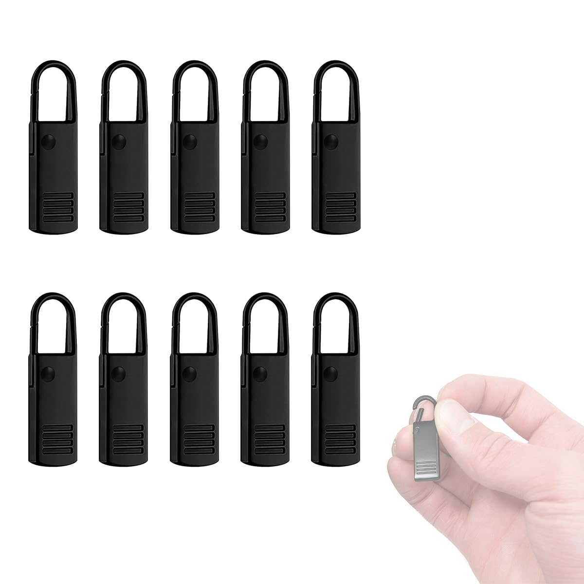 10pcs Zipper Pulls Tabs Replacement, Detachable Metal Zipper Pull, Quick Release Black Zipper Puller Repair Kit for Jackets Jeans Boots Backpacks Suitcases Purses