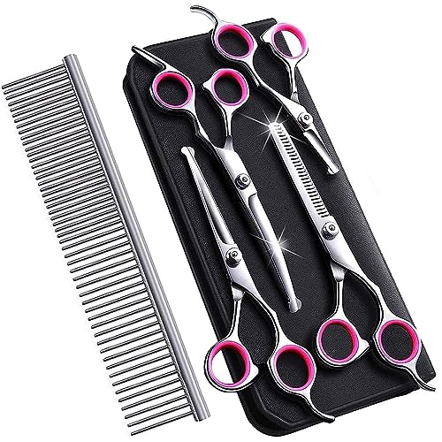 HASTHIP® Pet Grooming Scissors Set 5 in 1 Stainless Steel Pet Trimmer Kit