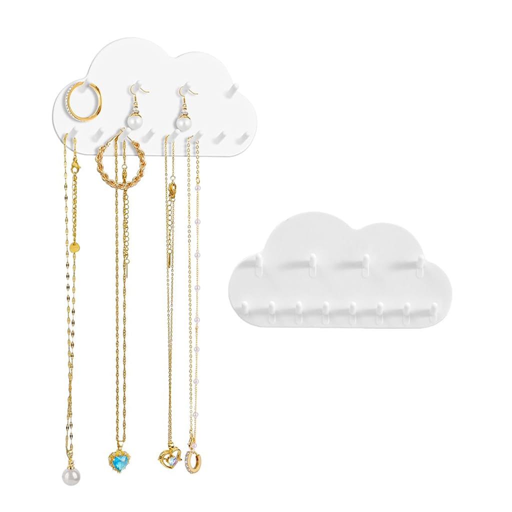 HASTHIP® Organizador de Joyas en Forma de Nube Montado en la Pared Acrílico Transparente con 12 Ganchos,Soporte para Collares,Pulseras y Accesorios sin Taladro para Dormitorio y Baño -