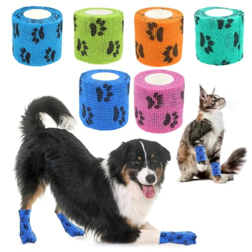 HASTHIP® 6Pcs Dog Anti Dirty Bandages for Walk, Self Adhesive Non-WovenElastic Bandage, Pet Injury Recovery Bandage Color Paw Print Lick Proof Bandage (7.5X5.4cm, Total Length 4.5M)