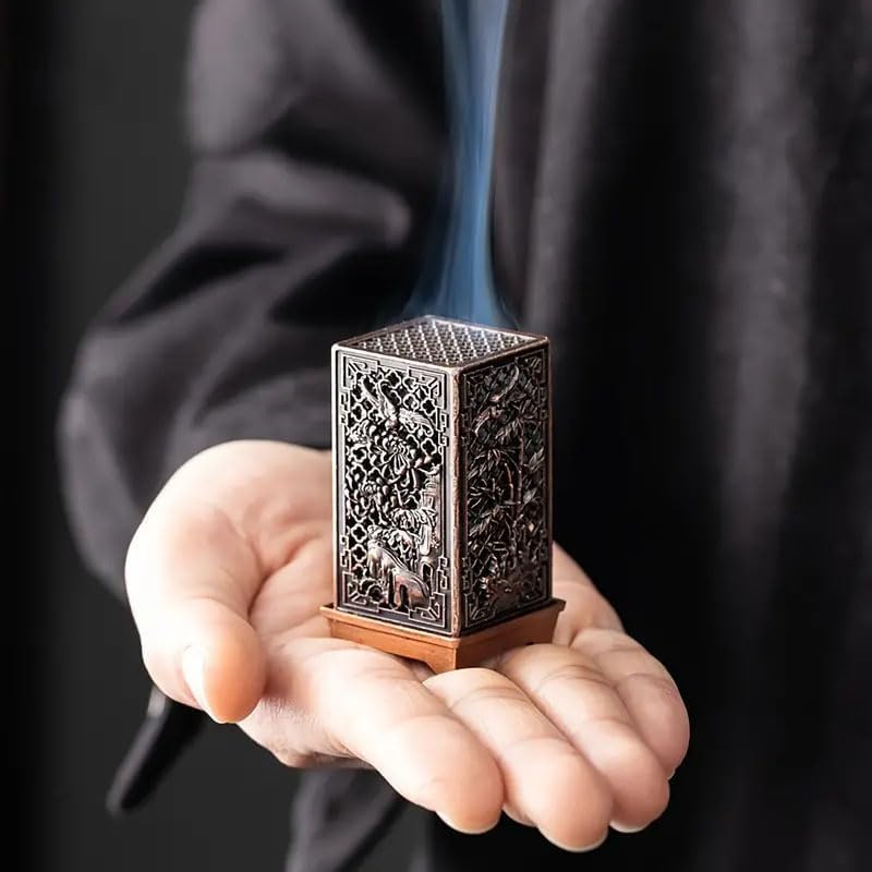 HASTHIP Incense Burner for Indoor Aromatherapy featuring Cutout Grid Pattern 3.4x3.4x6cm Copper Alloy