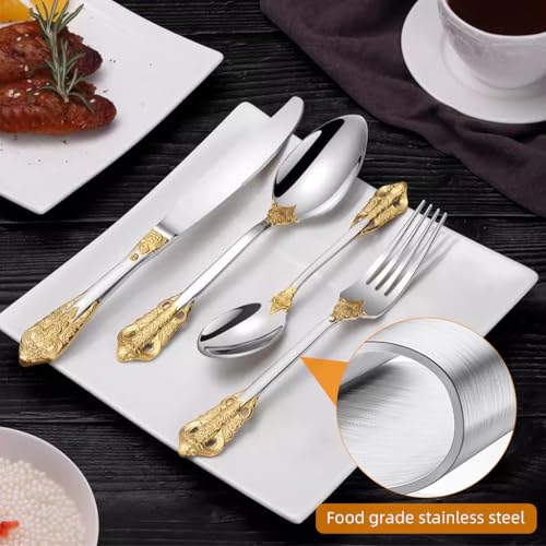 HASTHIP® 4-Piece Stainless Steel Flatware Set, Gold Embossed Handle Design, Includes Table Spoon, Dessert Fork, Kitchen Knife, Elegant Cutlery Gift Set for Home, Dining, and Special Occasions