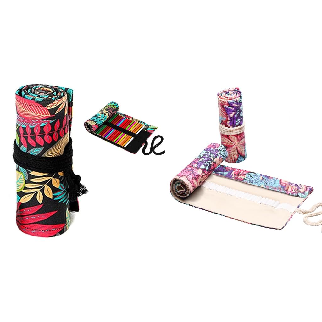 HASTHIP® 72 Slot Canvas Pencil Wrap Case Combo, Roll Up Maple & Fallen Leaves Print Pouches for Artists, Journaling, Sketching, DIY, Scrapbooking, Planners, Crafts, Students, Multicolor