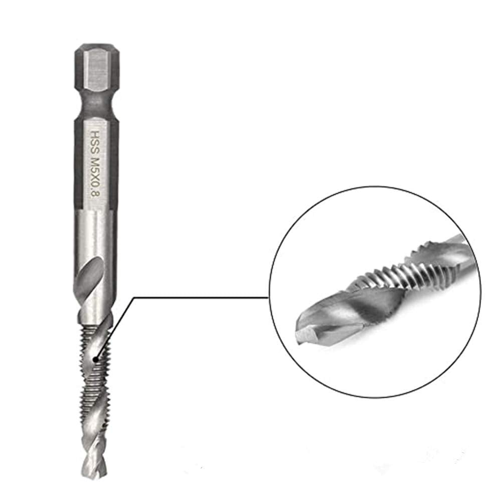 6 Pcs Spiral Tap Drill Bit Set, Titanium Coated HSS Fluted Machine Screw Tap Kit, 1/4" Hex Shank Countersunk Tap Drill Bit, Drill Taps Metric M3 M4 M5 M6 M8 M10 (Silver)