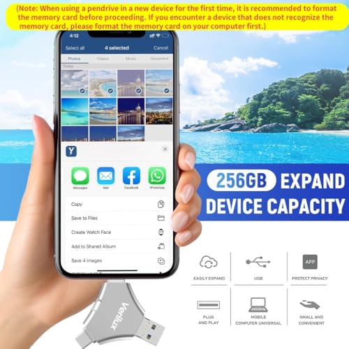 HASTHIP® Pendrive 256GB 4 in 1 Flash Drive with Light-ning, Micro USB, USB A, Type-C Interface Mini Hangable PenDrive for iOS & Android Compatible with iPhone