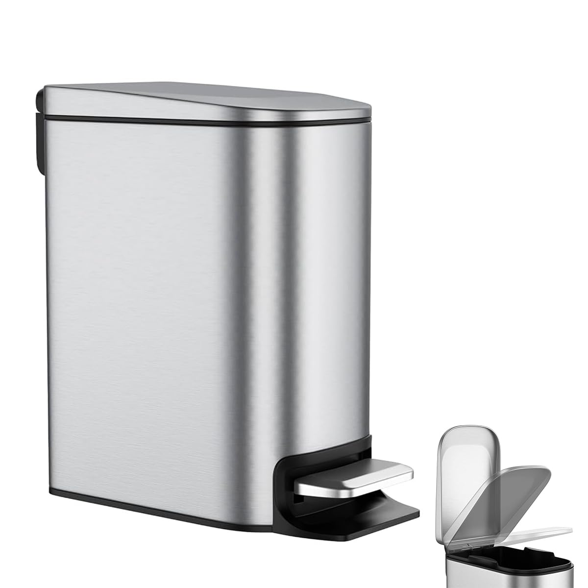 HASTHIP Slim Bathroom Trash Can for Small Spaces with Soft Close Pedal Lid 6 L Stainless Steel Bin