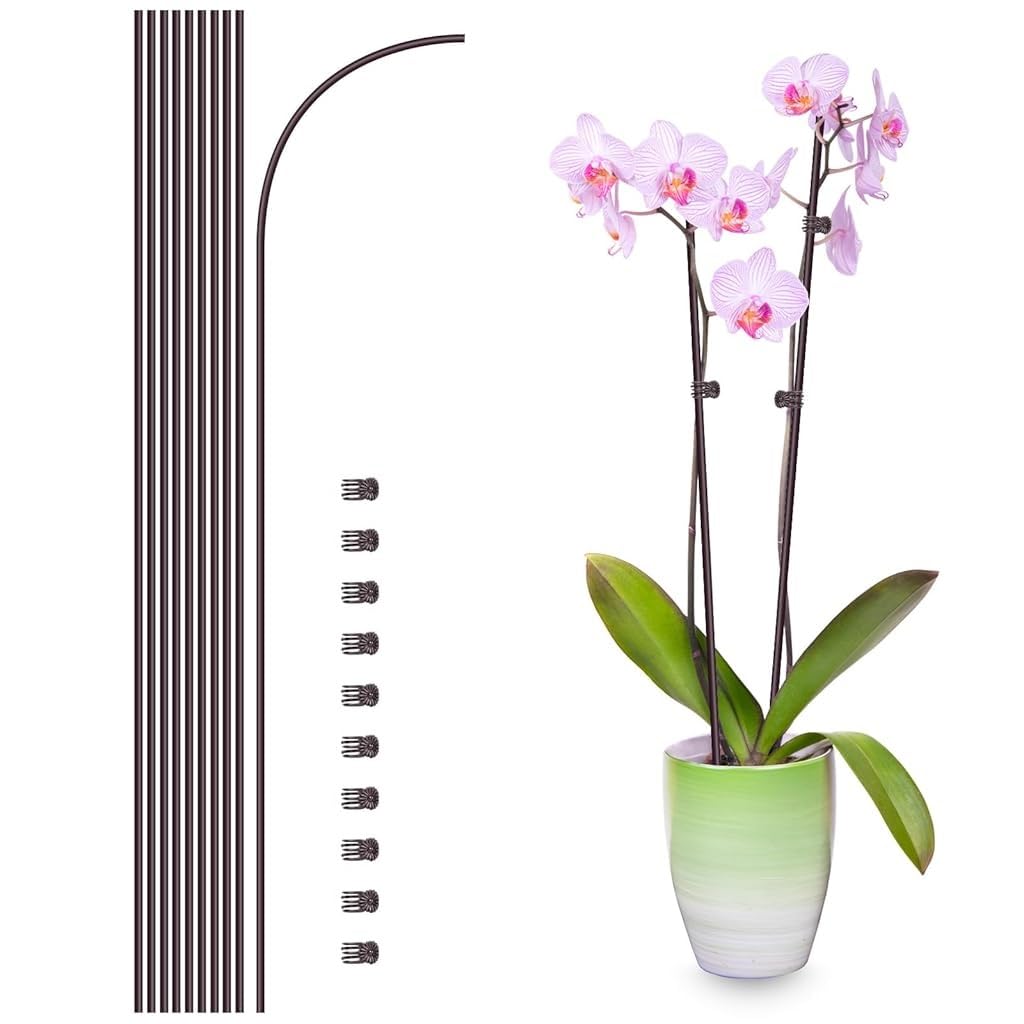 HASTHIP® 10Pcs Plant Support Stakes with 10Pcs Mini Claw Clips, 15.7" Flexible Metal Wire Garden Plant Training Stakes for Orchid, Morning Glory, Tomato, Dahlia & More