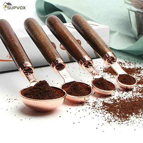 HASTHIP® 8Pcs Measuring Cups and Spoons Set, Stainless Steel Measuring Cup with Wood Handle, Rose Gold Polished Finish, 60ml/80ml/125ml/250ml/1.25ml/2.5ml/5ml/15ml, for Cooking and Baking