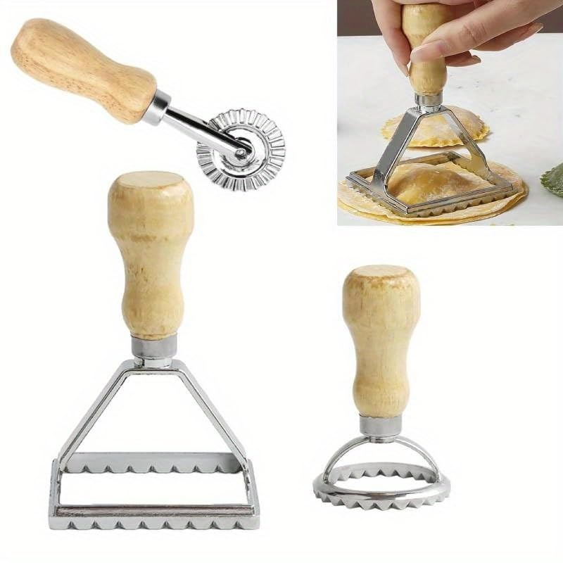 HASTHIP Ravioli Stamp Maker Cutter Set of 3 with Wooden Handle and Fluted Edge for Pasta | Food‑Grade Stainless Steel