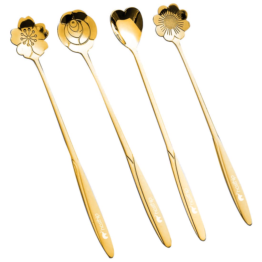 Golden Spoon Set/Coffee Spoon/Dessert Spoon/Cutlery Kitchen Tableware/Stainless Steel Gold Flower Shape Coffee Spoon with Package Bag, 18cm, 4 Pcs Different Coffee Spoon