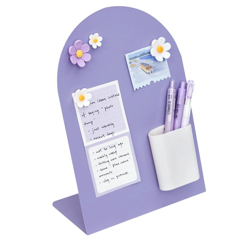 HASTHIP® Desk Message Board, Metal Bulletin/Memo Board with Pen Holder and Flower Pins with Stand, Souvenir/Photo Display Board for Home, Office, Dormitory, Apartment, 8 * 11Inch-Purple
