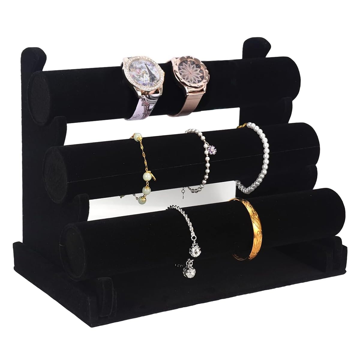 HASTHIP® Organizador de pulseras de 3 niveles soporte de brazaletes para mujer, soporte de reloj de terciopelo, expositor de joyería desmontable para escritorio, negro