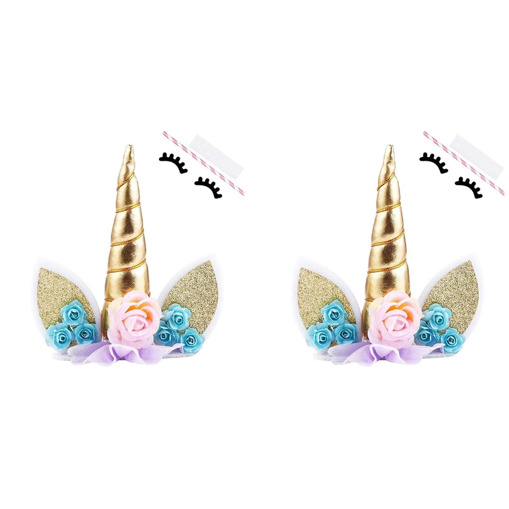 HASTHIP Unicorn Cake Topper Set for Birthday Cakes with 5.8 in Gold Horn and Felt Ears | 2 PCS