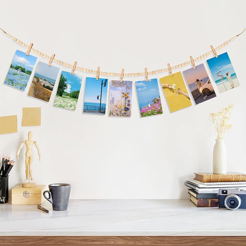 HASTHIP Hanging Photo Display for Wall Decor with 18 Clips and 2×55 in Wooden Bead Garland