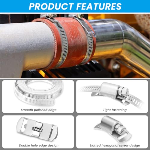 HASTHIP® 13.3ft Cuttable Hose Clamp Roll with 8 Bolt Attachments, 304 Stainless Stee Adjustable House Clamp Assortment Kit Worm Gear Band Hose Clamps Screw Clamps Duct Pipe Metal Clamp Strapping