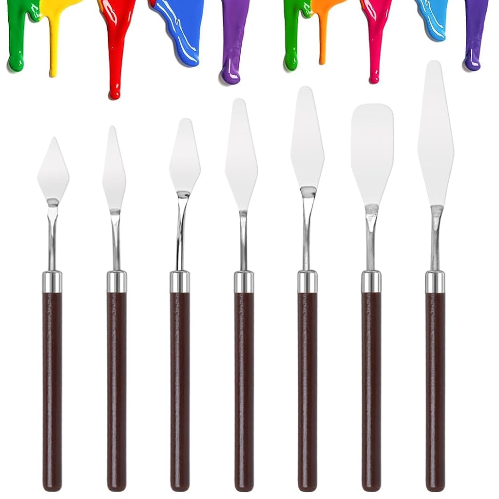 HASTHIP® 7Pcs Palette Knife Set Stainless Steel Painting Spatulas with Wooden Handles for Oil, Acrylic, Watercolor, Canvas Mixing and Art Supplies