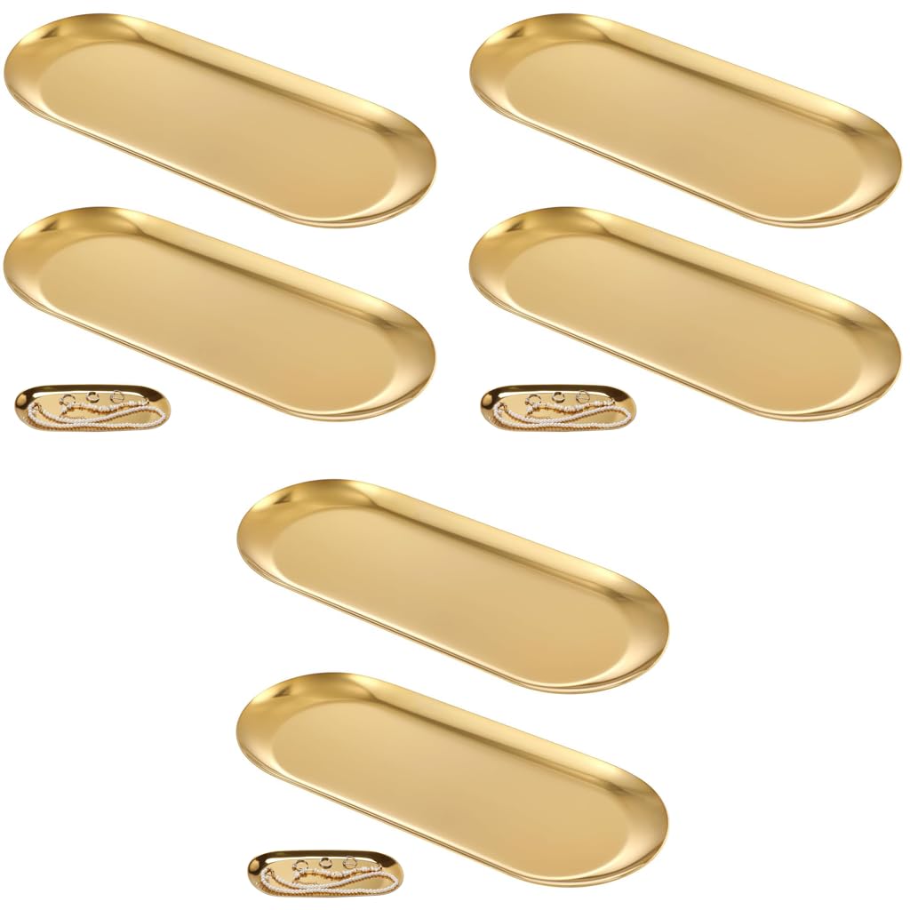 HASTHIP Golden Stainless Steel Trays for Jewelry and Vanity featuring 6PCS 23x9cm Set | Scratch‑Resistant Organizer
