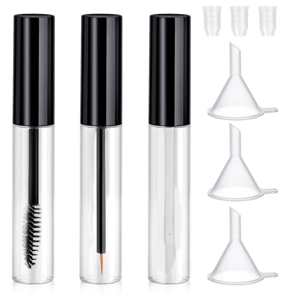 HASTHIP® 3 Piezas Tubos Vacíos de Rímel 10ml,Tubo de Delineador y Brillo Labial Reutilizables con Varita,Embudos Transparentes y Tapas Antifugas Botellas Cosméticas Portátiles Viaje