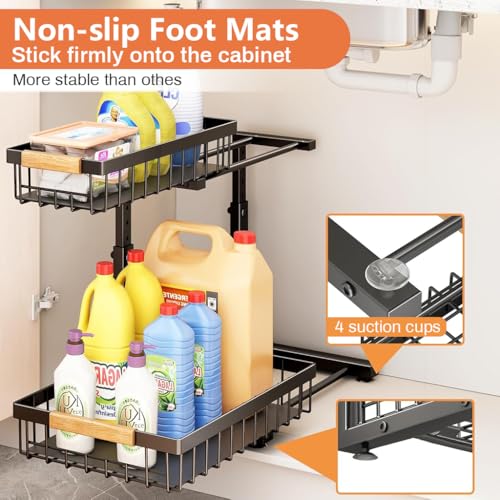 HASTHIP® Under Sink Organizer Rack, 2-Tier Sliding Drawer Adjustable Height Countertop Storage Shelf, Carbon Steel Metal Kitchen Bathroom Pantry Office Stand