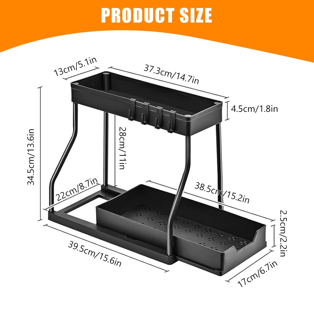 HASTHIP Double Layer Kitchen Organizer for Small Kitchens with Sliding Drawer Rack and Hooks
