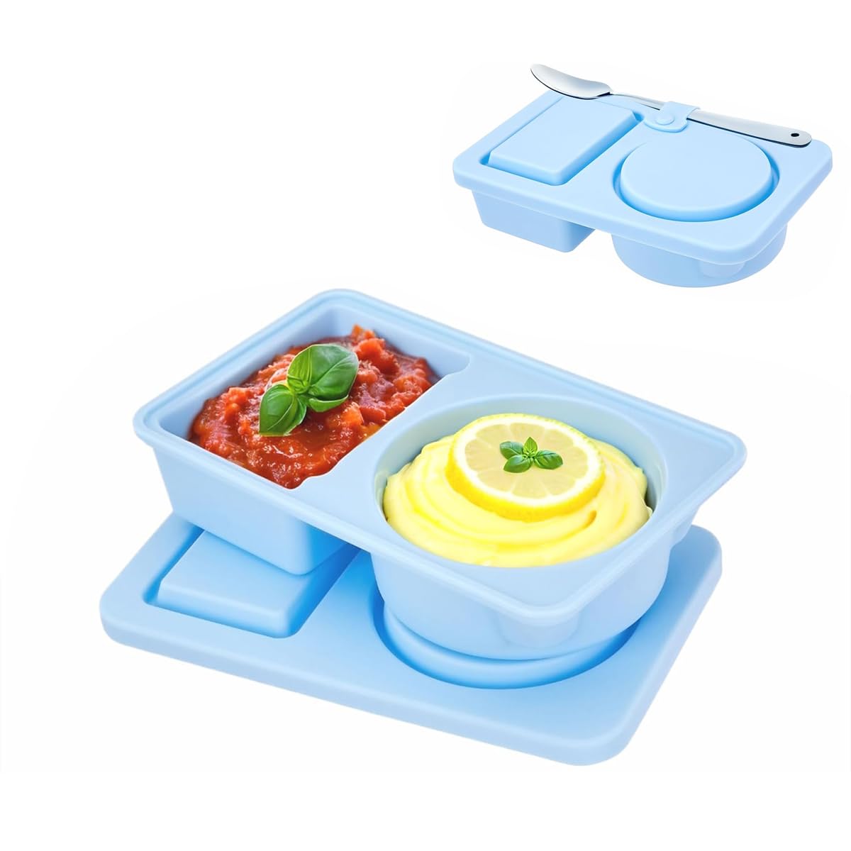 HASTHIP Silicone Salad Dressing Container for Lunch Box with Dual Compartments 5.6x3.4x1.3 in | Leakproof Food Grade Sauce Cup and Spoon Strap