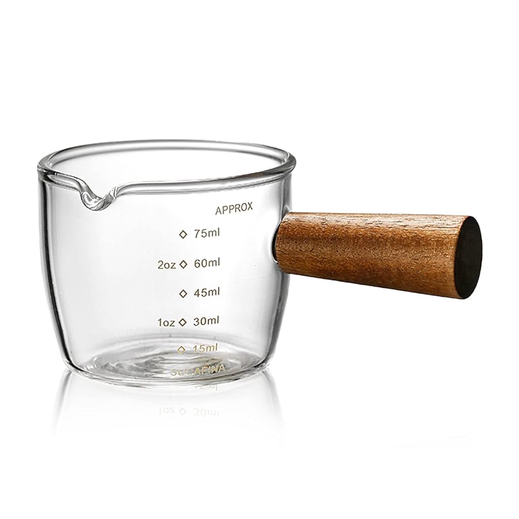 HASTHIP® Espresso Cups with Wood Handle, Spout Glass Measuring Cup with Scale