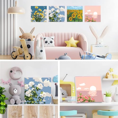 HASTHIP® Pack of 4 DIY Oil Painting Paint by Numbers with Frame Sunflower Rose Oil Art Painting Wall Hanging DIY Canvas Painting with Painting Tool Kit Wall Decoration, 7.8x7.8inch