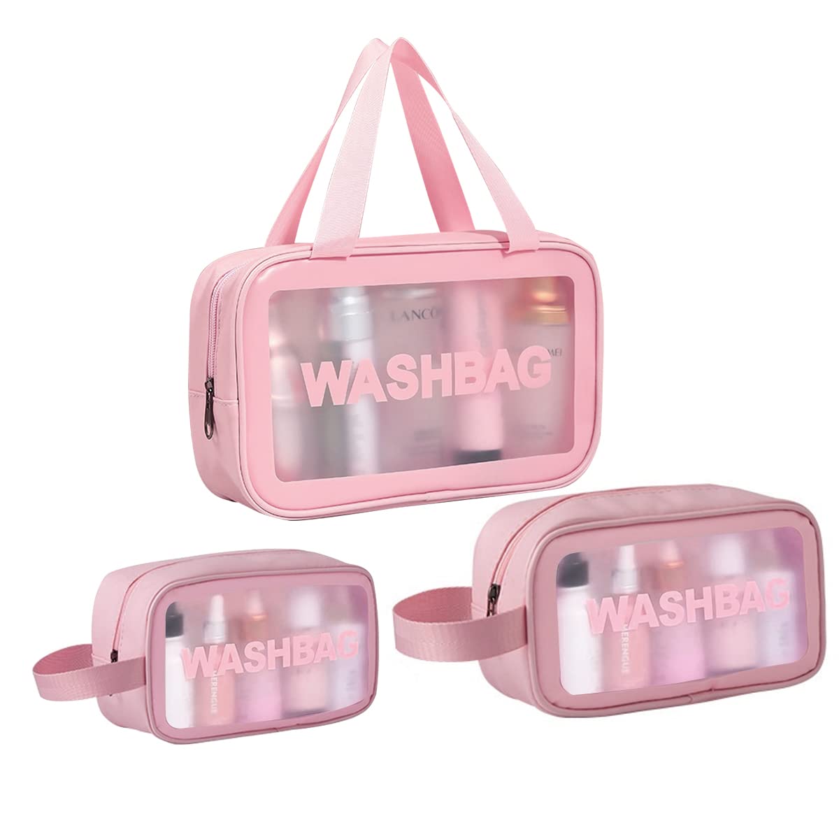 MAYCREATE® 3 Pcs Clear Makeup Pouch Set Cosmetic Organizer Bag for Women and Girls Travel Waterproof Toiletry Storage Kit for Home Travel Use (Pink)