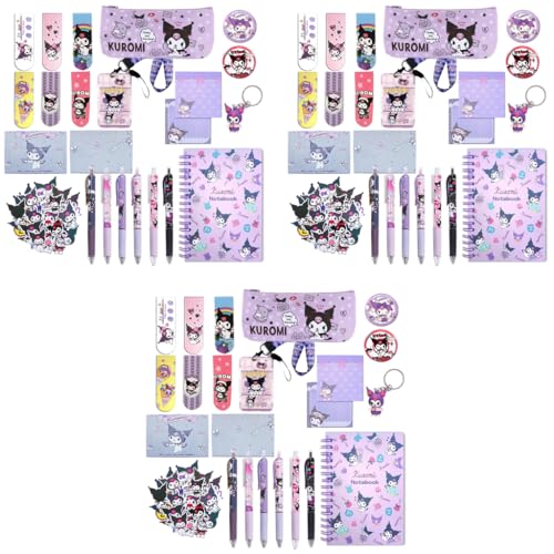 HASTHIP® 219PCS Kawaii Kuromi School Supplies Set Stationeries with Notebook Pencil Pouch Click Pens Card Holder Book Markers 50Pcs Stickers Note Girls Gift