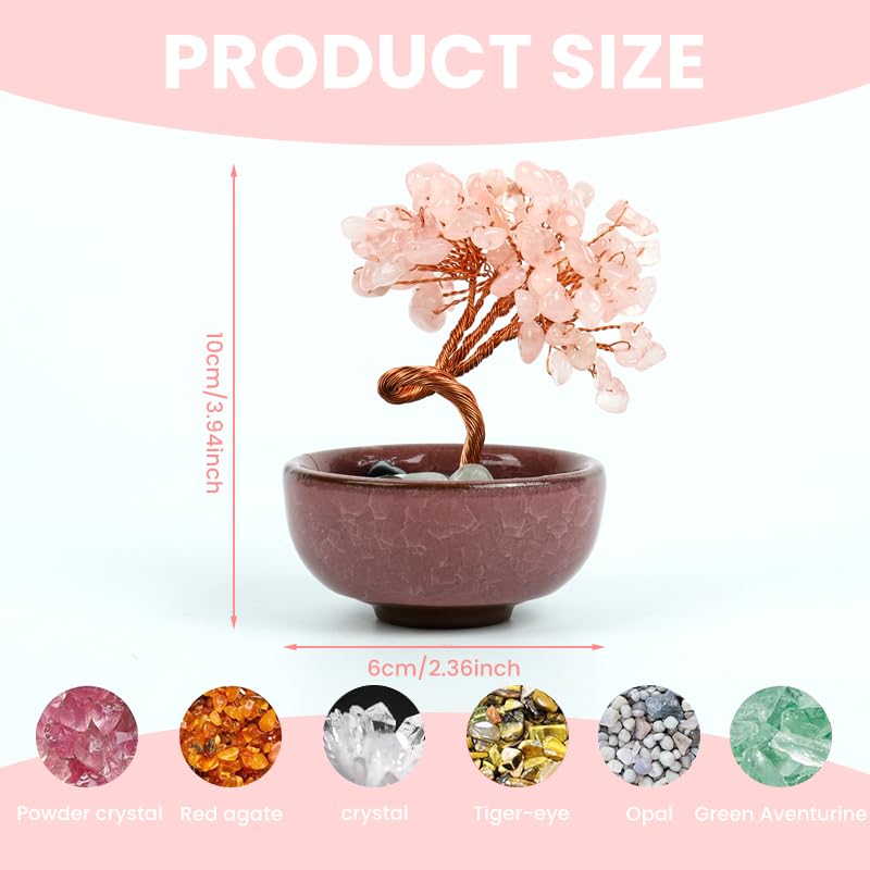 HASTHIP Crystal Tree Feng Shui for Desk Decor with Ceramic Basin and Pink Quartz 7x10cm | Good Luck Gift
