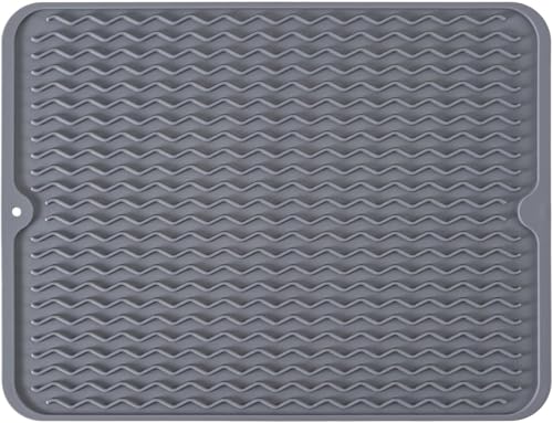 HASTHIP® Kitchen Silicone Dish Drying Mat, Large Silicone Counter Mat, Quick Dry Drain Pad with Wavy Grooves, Anti Slip Coffee Mat, Sink Draining Board Mat for Dish, Cup & Utensils, 40x30cm, Grey