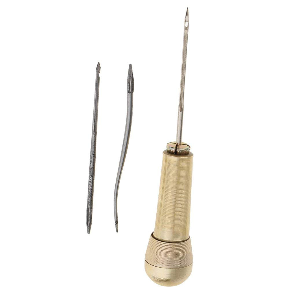 Copper Handle Stitcher with 3 Needles Sewing Awl Hand Stitcher Shoe Repair Tool for Canvas Leather Needle Thread Inserter