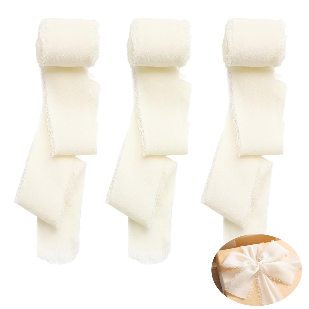 HASTHIP Chiffon Ribbon Set for Wedding and DIY Crafts featuring 3 Rolls 1.5in x 7yd Beige