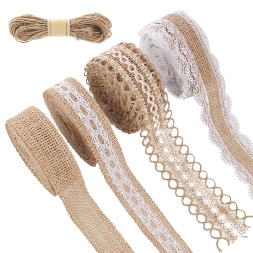 HASTHIP® 4 Rolls 13.12ft Jute Rope Burlap Ribbon Lace + 32.8ft Hemp Rope, Jute Rope for Craft Ribbons for Gift Wrapping, Event & Wedding Decorations, Gift Packing Materials Natural Fabric Roll Craft