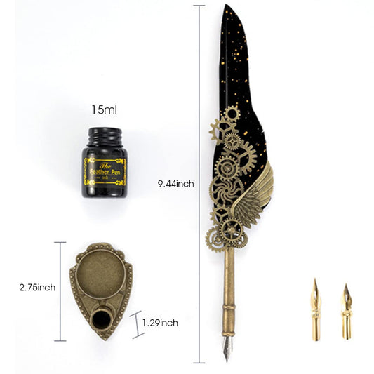 HASTHIP Feather Ink Pen Set for Calligraphy with 20 ml Black Ink & Steampunk Gear Design | Artistic Gift