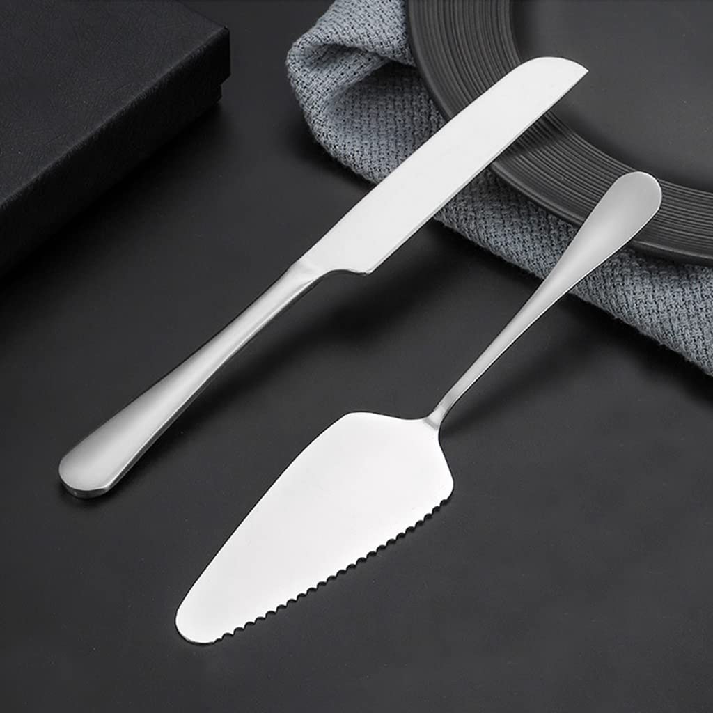 Cake Cutting Knife Set, Elegant Stainless Steel Cake Knife and Cake Server Set, Cake Cutter and Pie Spatula for Birthday Anniversary Christmas Gift Set of 2, Silver