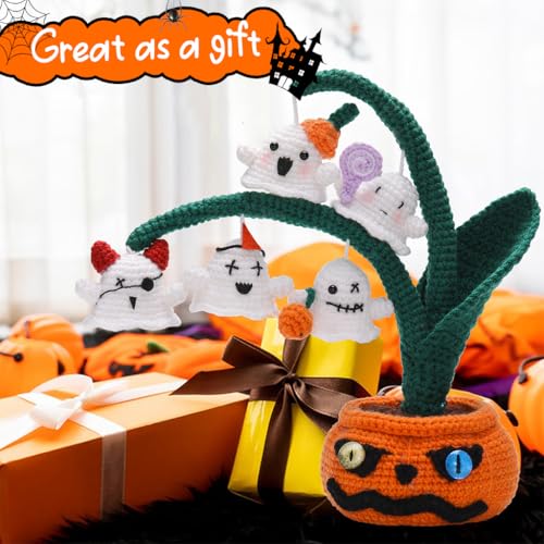 HASTHIP® Halloween Crochet Kit for Beginners, Complete DIY Spooky Ghost Pumpkin Tree Desk Decoration Set with Step-by-Step Instructions, Yarn Kit for Home, Office, Gift Crafting