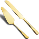 HASTHIP Cake Cutter Set for Birthday and Wedding Parties with Serrated Edge | Golden Stainless Steel Server