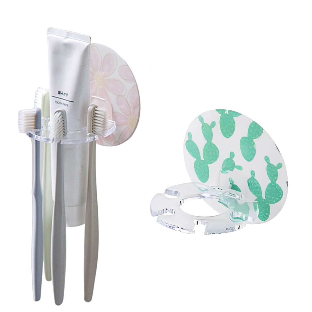 HASTHIP Wall Toothbrush Holder for Bathroom with 4 Slots and Central Toothpaste Organizer | Self-Adhesive Floral and Cactus Design Pack of 2