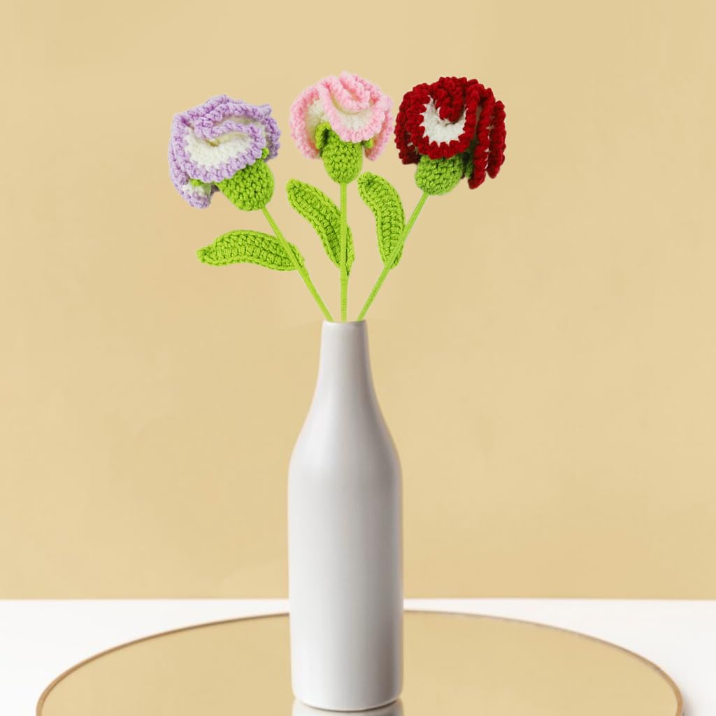 HASTHIP® 3Pcs Handmade Crochet Carnation Flowers for Home Decor Dual Color Crochet Carnation Flowers 16.53" Handmade Crochet Carnation Flowers