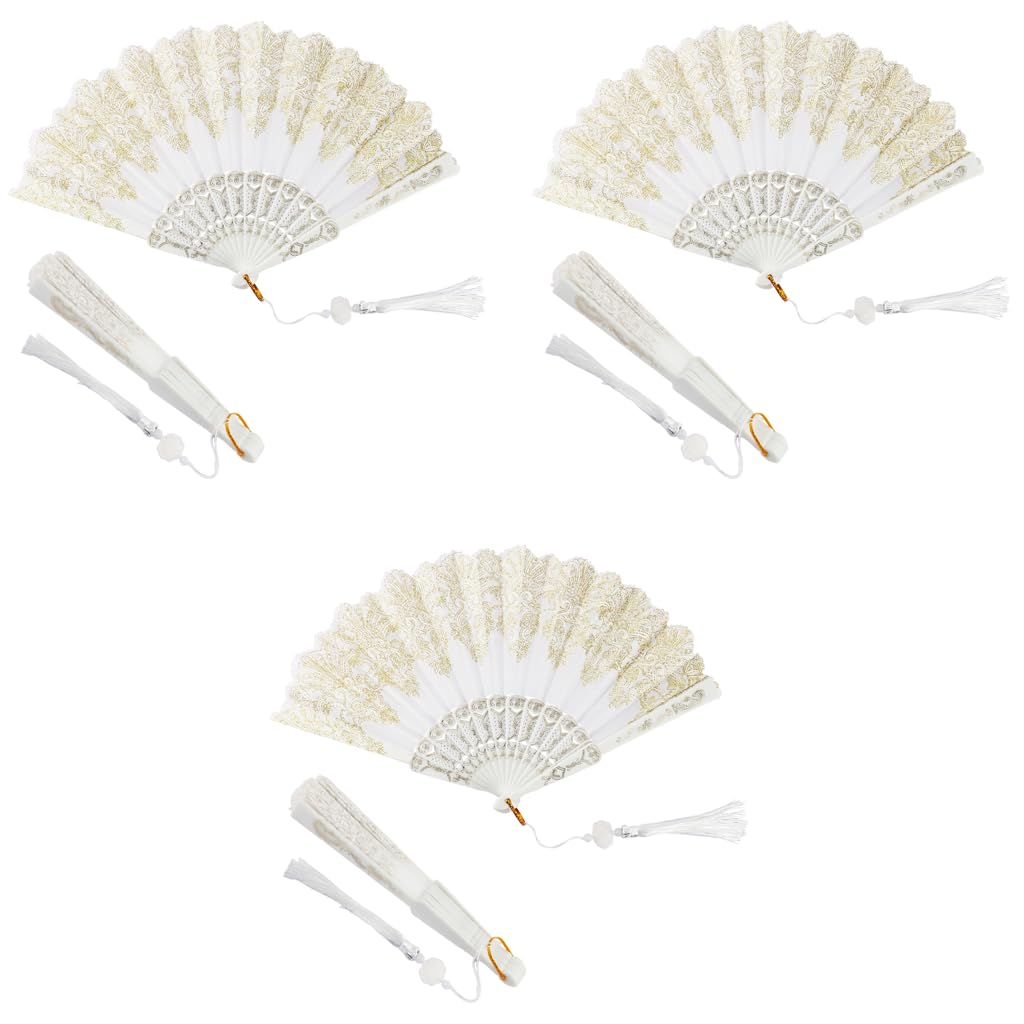 HASTHIP Hand Fan for Summer Travel with Tassel Charm 9 in 3 pcs White Fabric | Gift for Women