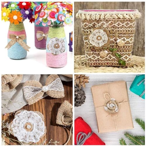 HASTHIP® Set of 20Pcs DIY Jute Burlap Ribbon Roll, Jute Rope for Craft includes 4 Rolls 2m Lace Fabric Ribbons for Gift Wrapping, 50m Hemp Thread, 4Pcs Bows for Decoration, 11Pcs Ribbon Flowers Decor