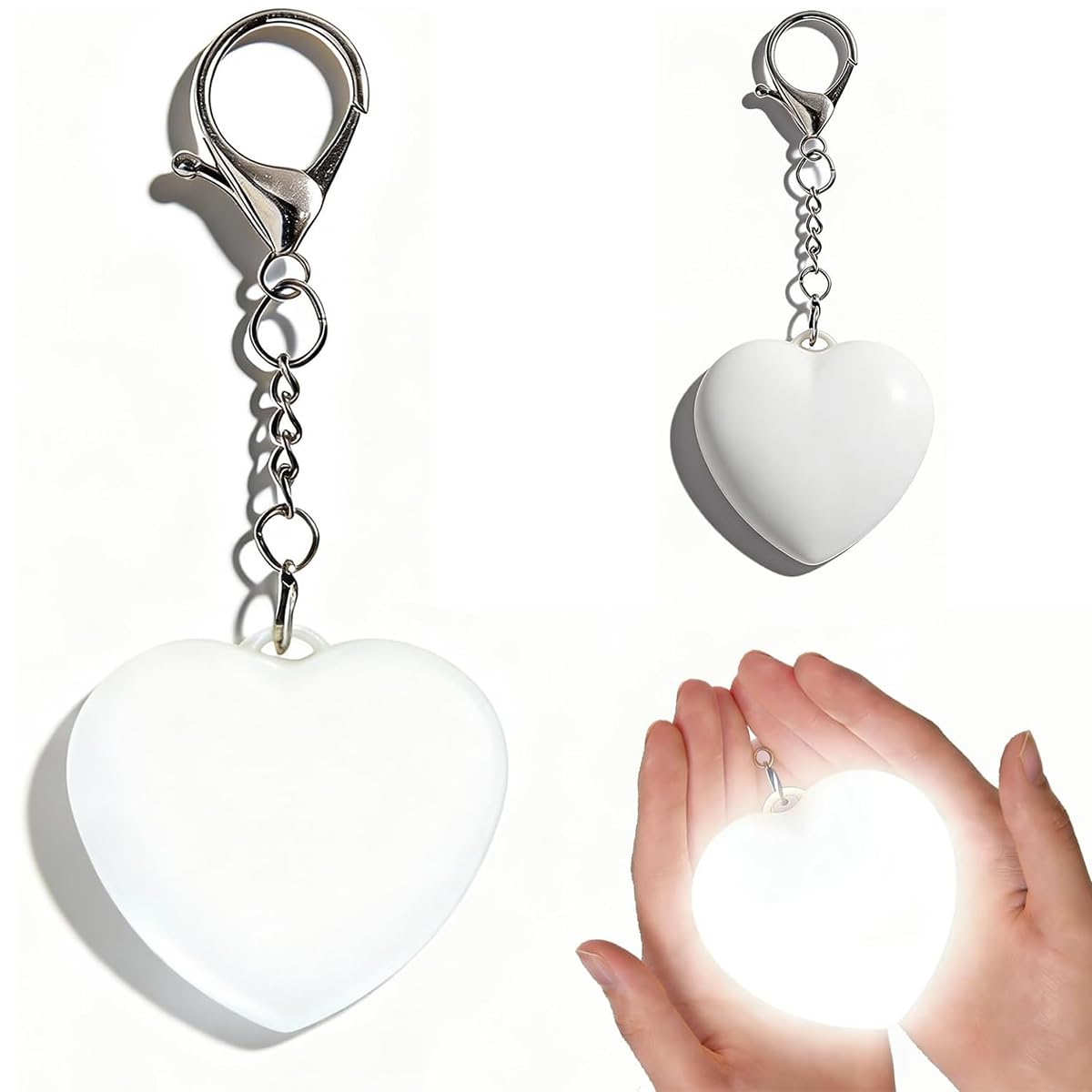 HASTHIP® USB Rechargeable Light-Up White Heart Couple Keychain Charm, 2'' Touch Control Glowing Pendant Bag Charm with Lobster Clasp, LED Luminous Purse Accessory for Backpack & Handbag,