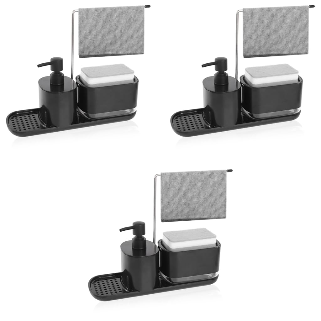 HASTHIP Metal Kitchen Soap Dispenser Set for Sink Organization with Sponge Rack Tray and Dishcloth Holder Black 3 PCS