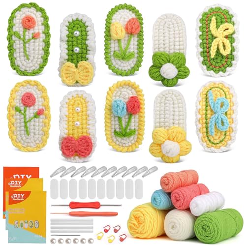 HASTHIP® NAWOKEENY 10Pcs Crochet Kit for Beginners,DIY Flowers Hair Clip Making Kit,Crochet Starter with Yarn Hooks Hair Clips Accessories Knitting Tools Step-by-Step Tutorial Video for Girls